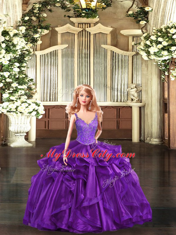 Purple 15 Quinceanera Dress Military Ball and Sweet 16 and Quinceanera with Beading and Ruffles Straps Sleeveless Lace Up