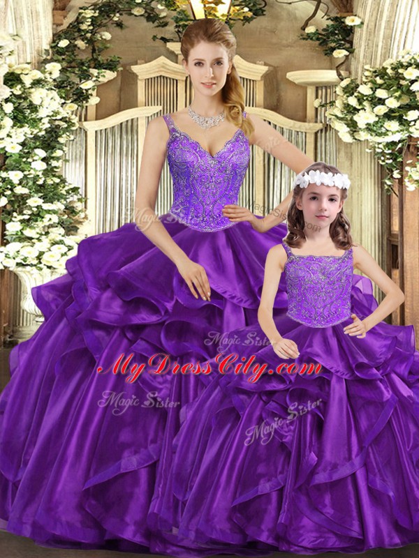 Purple 15 Quinceanera Dress Military Ball and Sweet 16 and Quinceanera with Beading and Ruffles Straps Sleeveless Lace Up