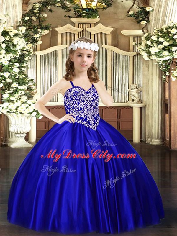 Cute Straps Sleeveless Satin Pageant Gowns For Girls Beading Lace Up