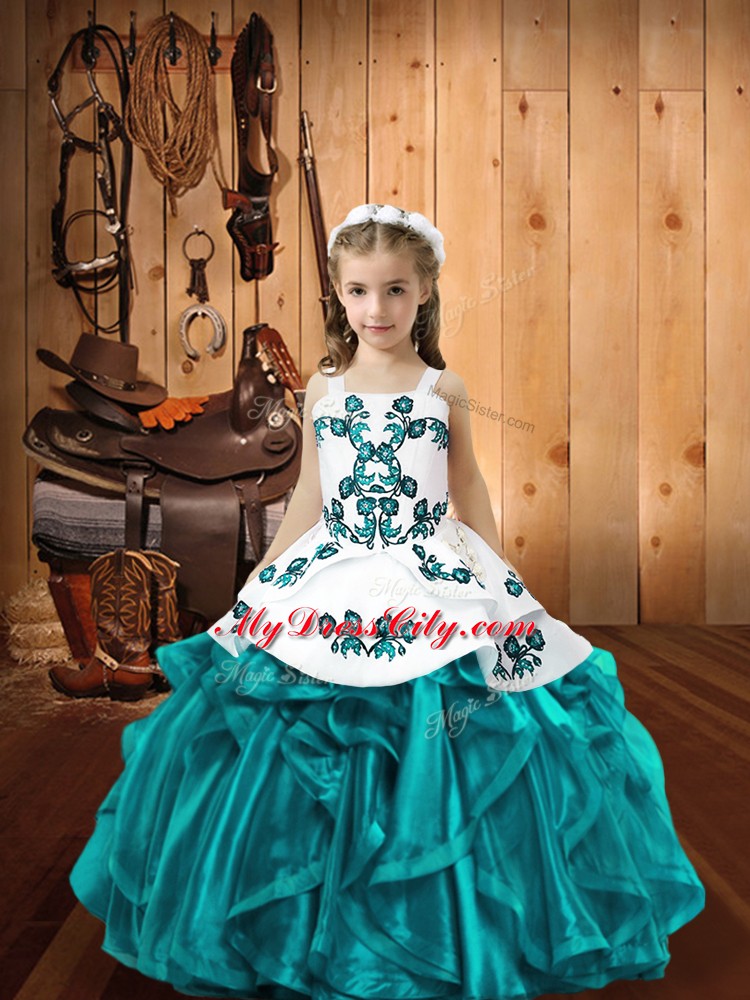 On Sale Teal Organza Lace Up Pageant Gowns For Girls Sleeveless Floor Length Embroidery and Ruffles