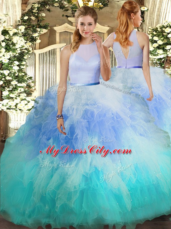 Nice Ball Gowns Sweet 16 Dress Multi-color High-neck Tulle Sleeveless Floor Length Backless