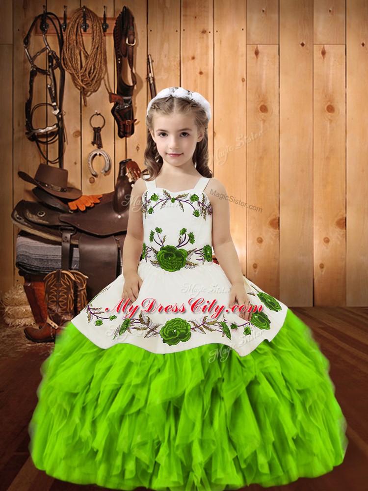 Elegant Ball Gowns Embroidery and Ruffles Girls Pageant Dresses Lace Up Organza Sleeveless Floor Length