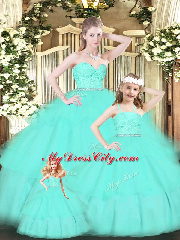 Ideal Apple Green Sweetheart Neckline Lace and Ruffled Layers 15th Birthday Dress Sleeveless Zipper