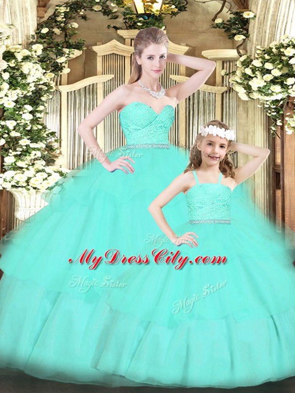 Ideal Apple Green Sweetheart Neckline Lace and Ruffled Layers 15th Birthday Dress Sleeveless Zipper