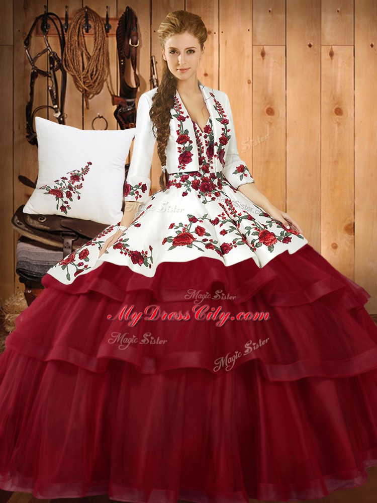 Amazing Wine Red Sleeveless Embroidery Lace Up 15th Birthday Dress