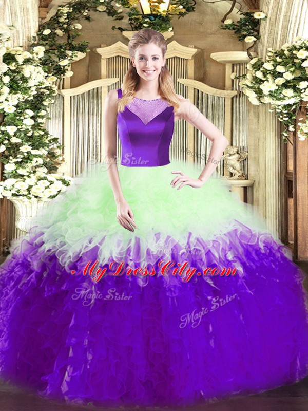 Comfortable Tulle Sleeveless Floor Length Vestidos de Quinceanera and Beading and Ruffles