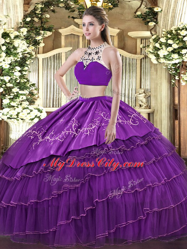 Noble Two Pieces Quinceanera Dress Purple High-neck Tulle Sleeveless Floor Length Backless