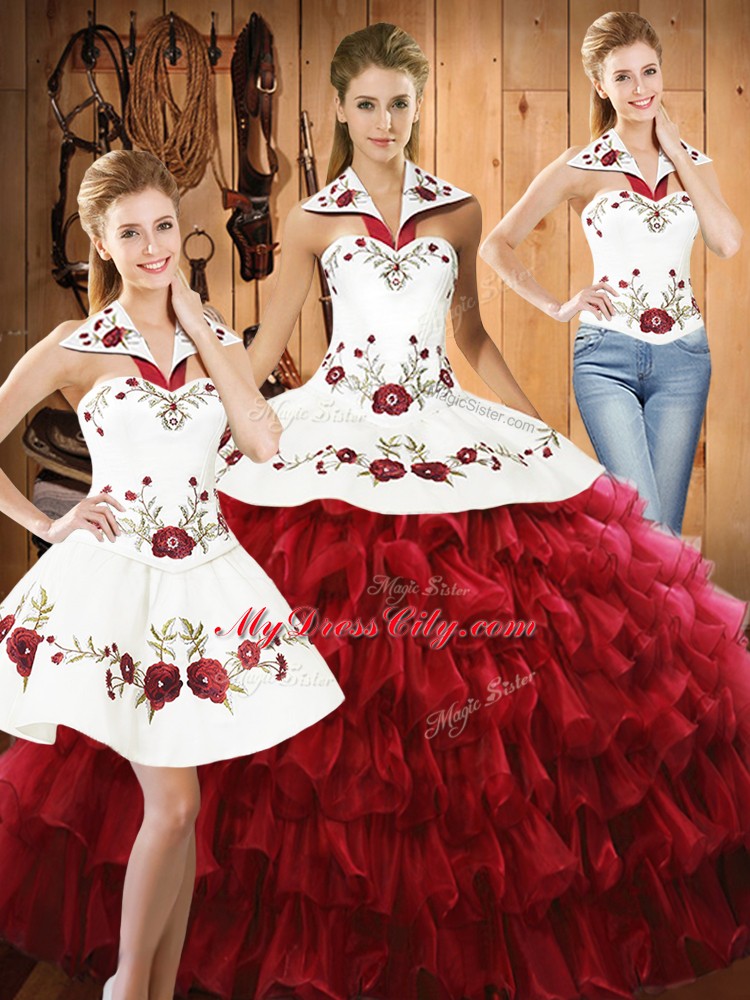 Hot Sale Ball Gowns Quinceanera Gowns Wine Red Halter Top Organza Sleeveless Floor Length Lace Up