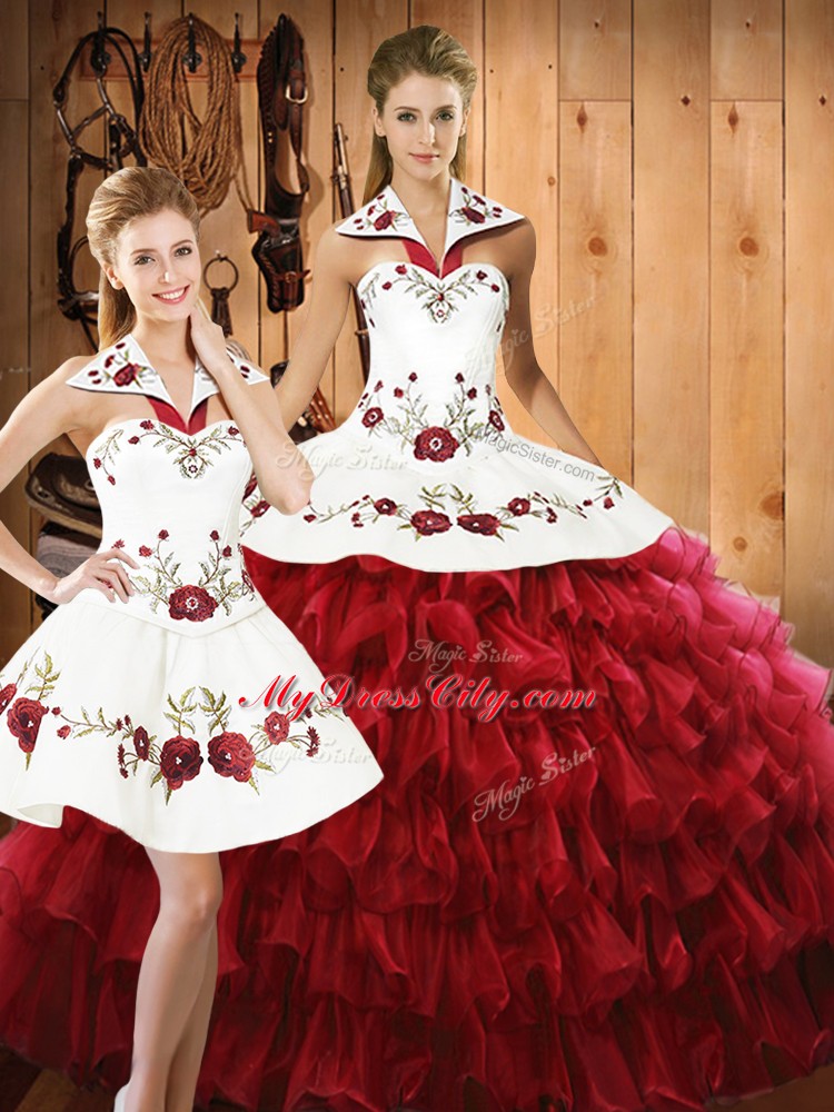 Hot Sale Ball Gowns Quinceanera Gowns Wine Red Halter Top Organza Sleeveless Floor Length Lace Up