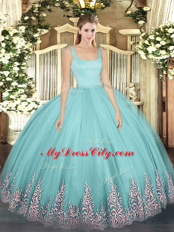 Floor Length Ball Gowns Sleeveless Aqua Blue Sweet 16 Quinceanera Dress Zipper