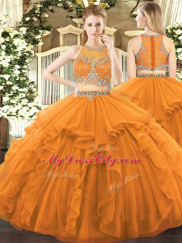 Orange Two Pieces Beading and Ruffles Ball Gown Prom Dress Zipper Tulle Sleeveless Floor Length