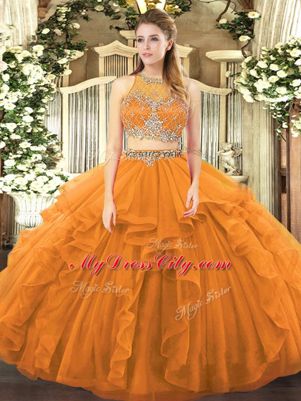 Orange Two Pieces Beading and Ruffles Ball Gown Prom Dress Zipper Tulle Sleeveless Floor Length