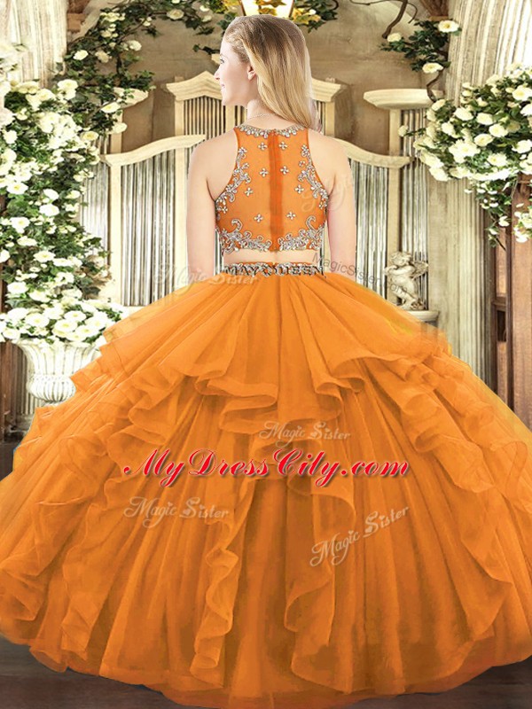 Orange Two Pieces Beading and Ruffles Ball Gown Prom Dress Zipper Tulle Sleeveless Floor Length