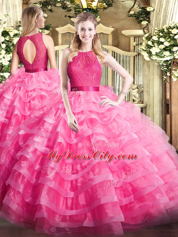 Latest Scoop Sleeveless Zipper Sweet 16 Quinceanera Dress Hot Pink Organza