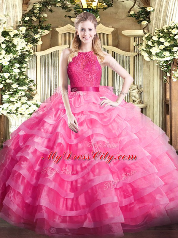 Latest Scoop Sleeveless Zipper Sweet 16 Quinceanera Dress Hot Pink Organza