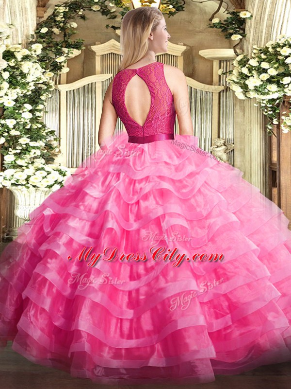 Latest Scoop Sleeveless Zipper Sweet 16 Quinceanera Dress Hot Pink Organza