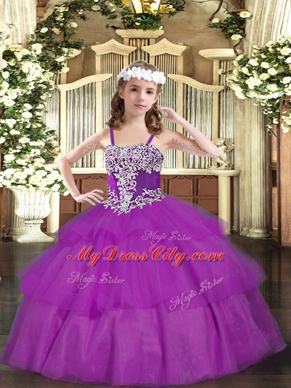 Perfect Fuchsia Lace Up Straps Appliques and Ruffled Layers Girls Pageant Dresses Organza Sleeveless