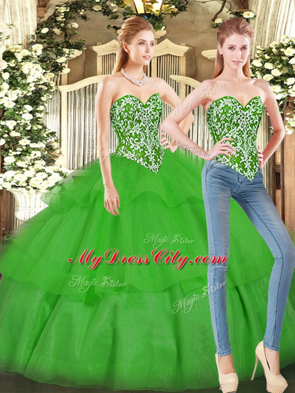 Tulle Sweetheart Sleeveless Lace Up Beading and Ruffled Layers 15 Quinceanera Dress in Green