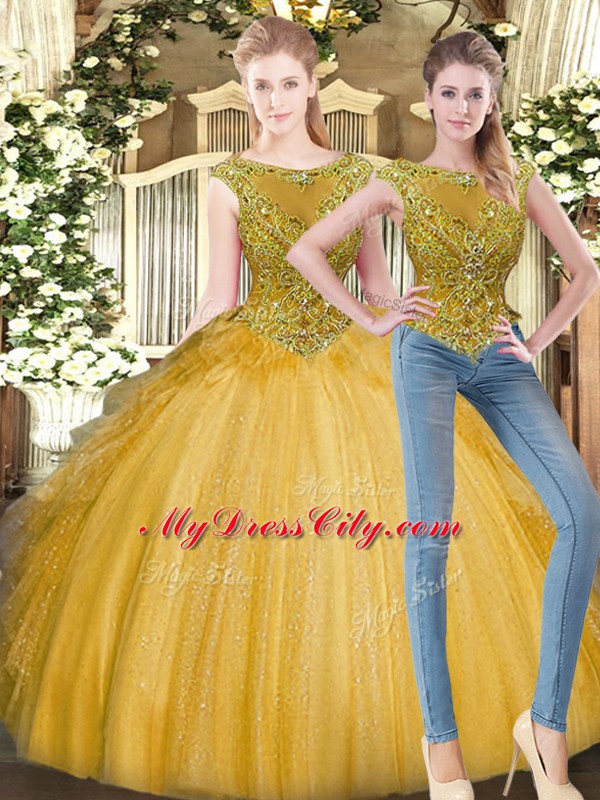 Deluxe Scoop Sleeveless Zipper 15 Quinceanera Dress Gold Tulle