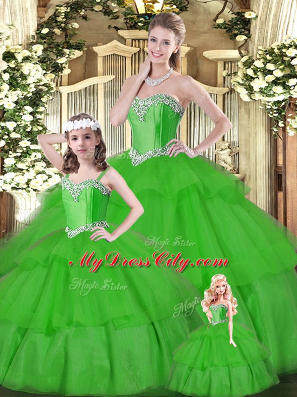 Shining Sweetheart Sleeveless Vestidos de Quinceanera Floor Length Beading and Ruffled Layers Green Organza