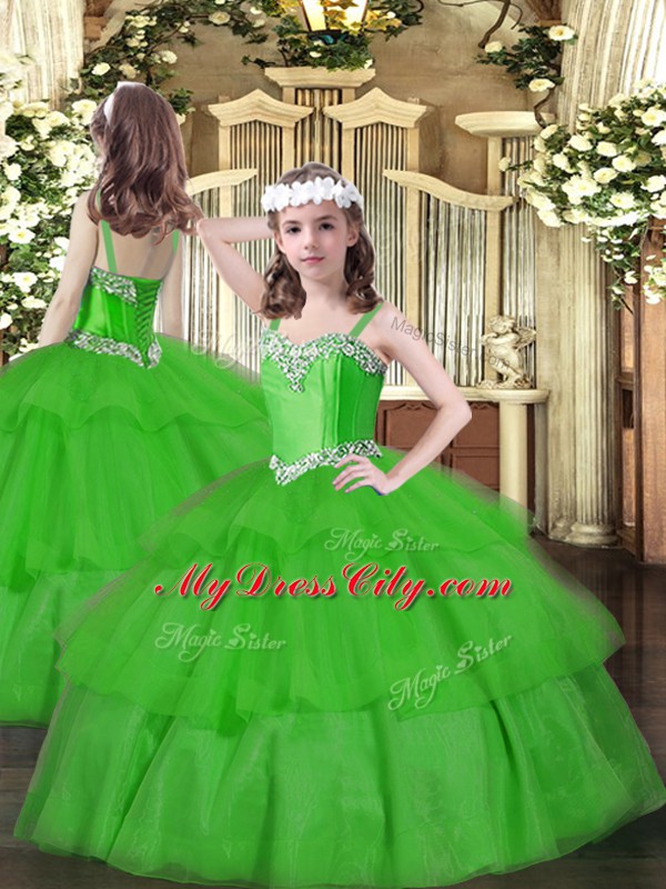 Shining Sweetheart Sleeveless Vestidos de Quinceanera Floor Length Beading and Ruffled Layers Green Organza