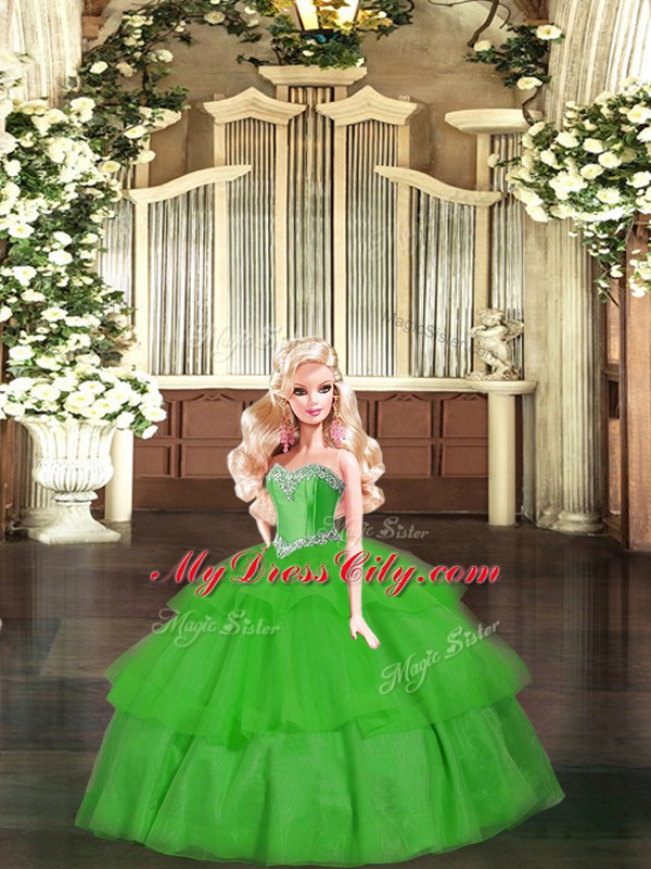 Shining Sweetheart Sleeveless Vestidos de Quinceanera Floor Length Beading and Ruffled Layers Green Organza