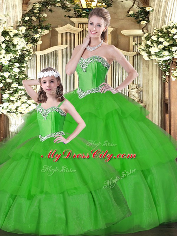 Shining Sweetheart Sleeveless Vestidos de Quinceanera Floor Length Beading and Ruffled Layers Green Organza