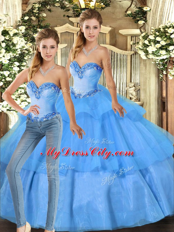 Customized Floor Length Baby Blue Sweet 16 Dress Sweetheart Sleeveless Lace Up