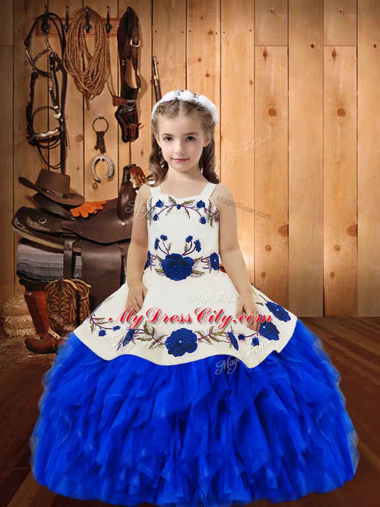 Enchanting Floor Length Royal Blue Pageant Gowns For Girls Straps Sleeveless Lace Up