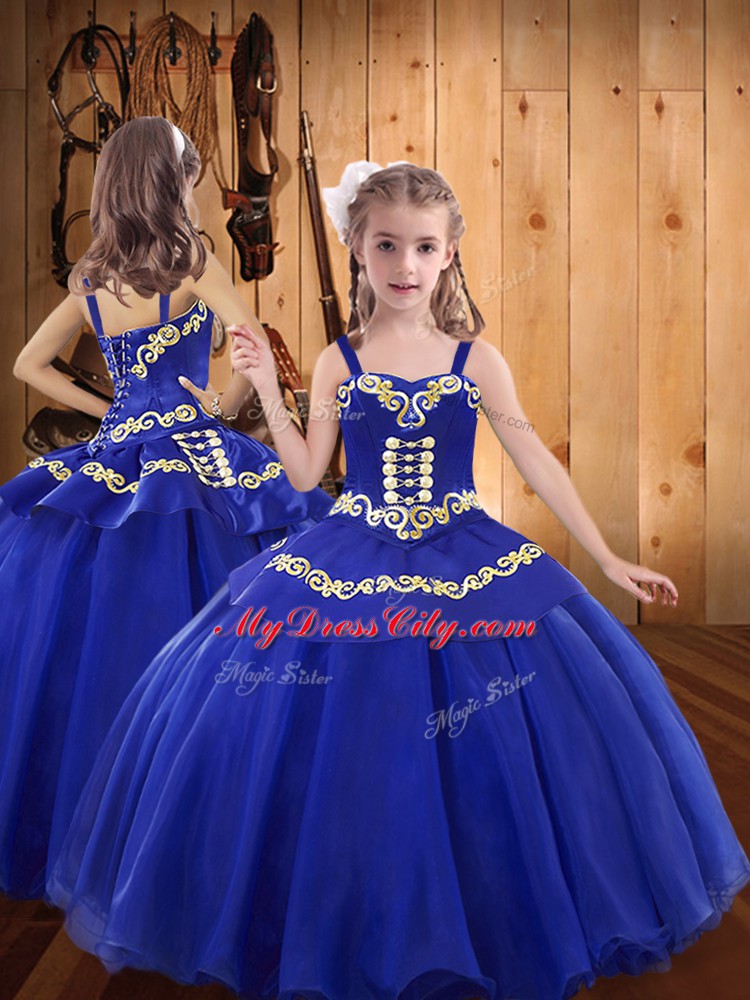 Ball Gowns Little Girls Pageant Gowns Royal Blue Straps Organza Sleeveless Floor Length Lace Up