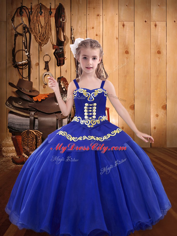 Ball Gowns Little Girls Pageant Gowns Royal Blue Straps Organza Sleeveless Floor Length Lace Up