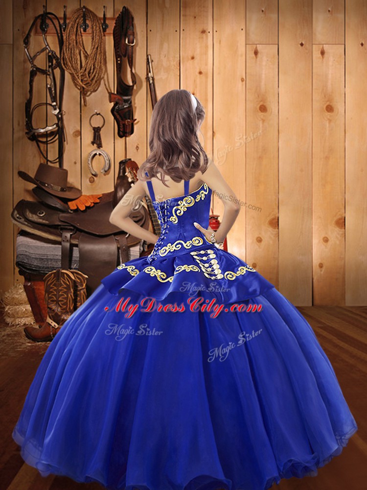 Ball Gowns Little Girls Pageant Gowns Royal Blue Straps Organza Sleeveless Floor Length Lace Up