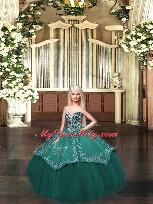 Fitting Sweetheart Sleeveless Lace Up Vestidos de Quinceanera Dark Green Satin and Tulle