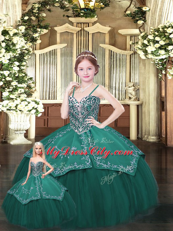 Fitting Sweetheart Sleeveless Lace Up Vestidos de Quinceanera Dark Green Satin and Tulle