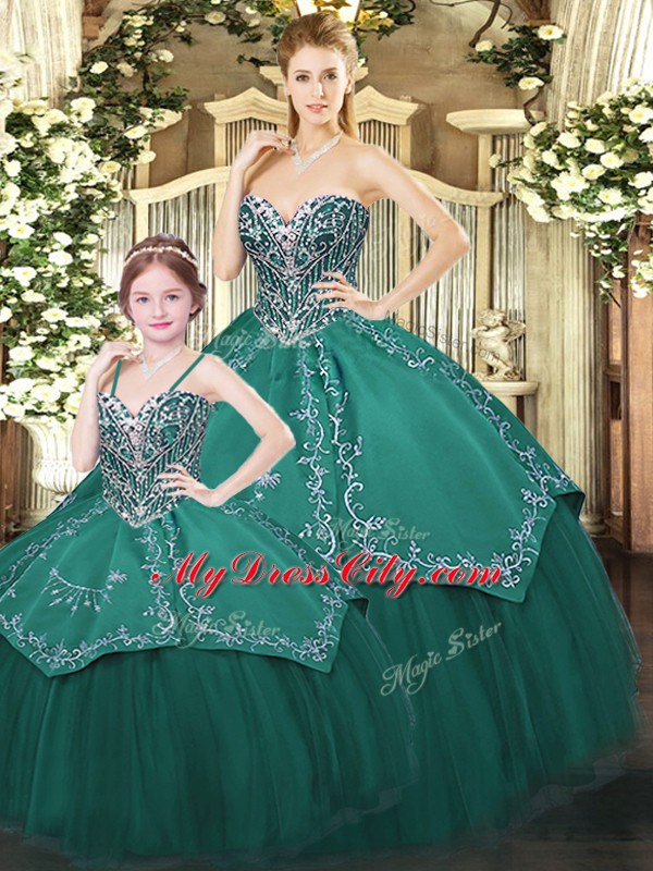 Fitting Sweetheart Sleeveless Lace Up Vestidos de Quinceanera Dark Green Satin and Tulle