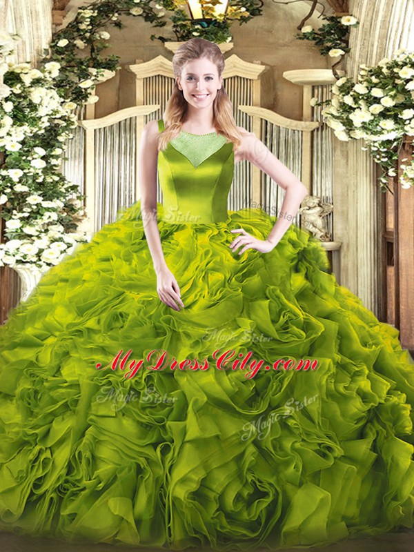 Luxurious Olive Green Sleeveless Fabric With Rolling Flowers Side Zipper Quinceanera Dress for Sweet 16 and Quinceanera