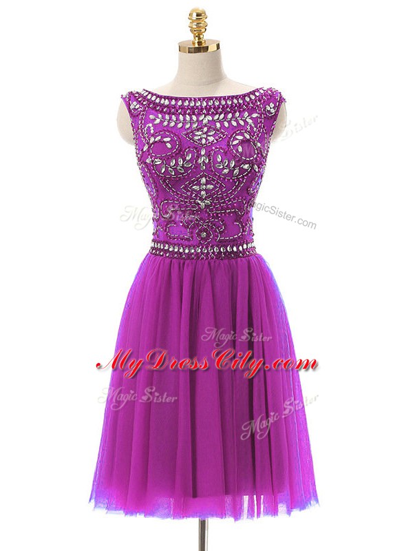 Hot Selling Fuchsia Empire Bateau Sleeveless Tulle Mini Length Zipper Beading Prom Dress