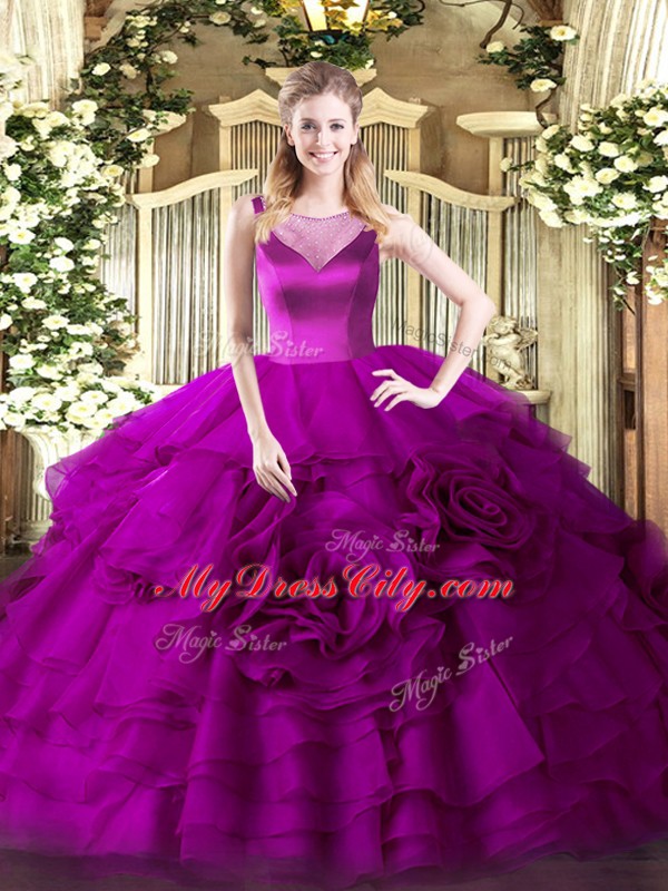 Fuchsia Sleeveless Floor Length Beading and Ruffled Layers Side Zipper Quinceanera Gown