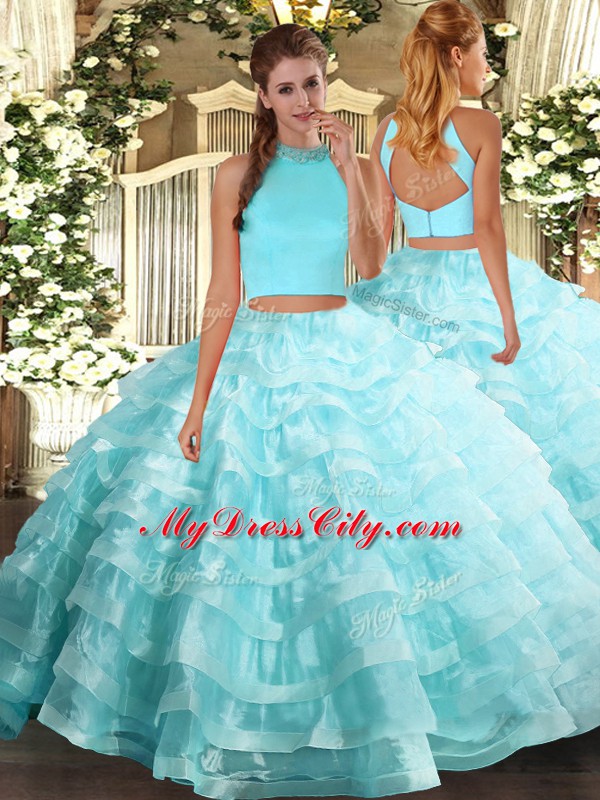 Deluxe Sleeveless Backless Floor Length Beading and Ruffled Layers 15 Quinceanera Dress