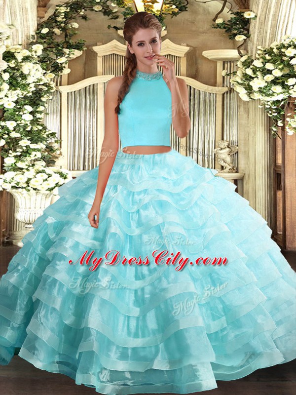 Deluxe Sleeveless Backless Floor Length Beading and Ruffled Layers 15 Quinceanera Dress