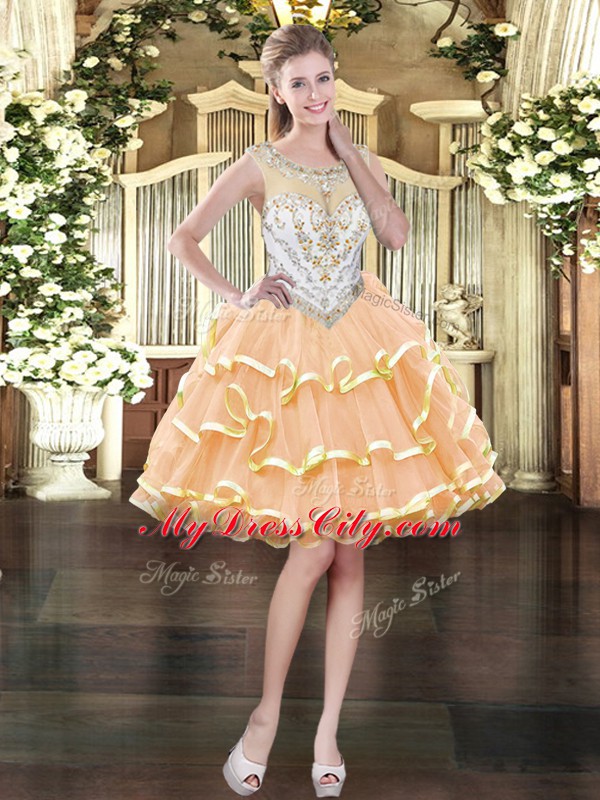 Dramatic Sleeveless Mini Length Beading and Ruffled Layers Zipper Prom Dresses with Peach