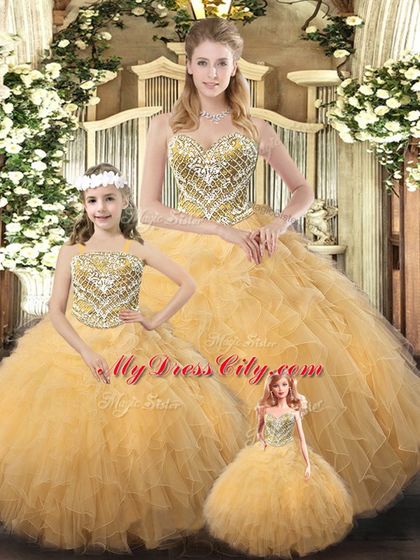 New Style Gold Ball Gowns Beading and Ruffles Vestidos de Quinceanera Lace Up Organza Sleeveless Floor Length