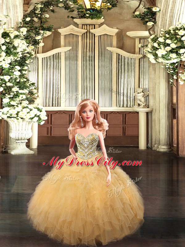 New Style Gold Ball Gowns Beading and Ruffles Vestidos de Quinceanera Lace Up Organza Sleeveless Floor Length