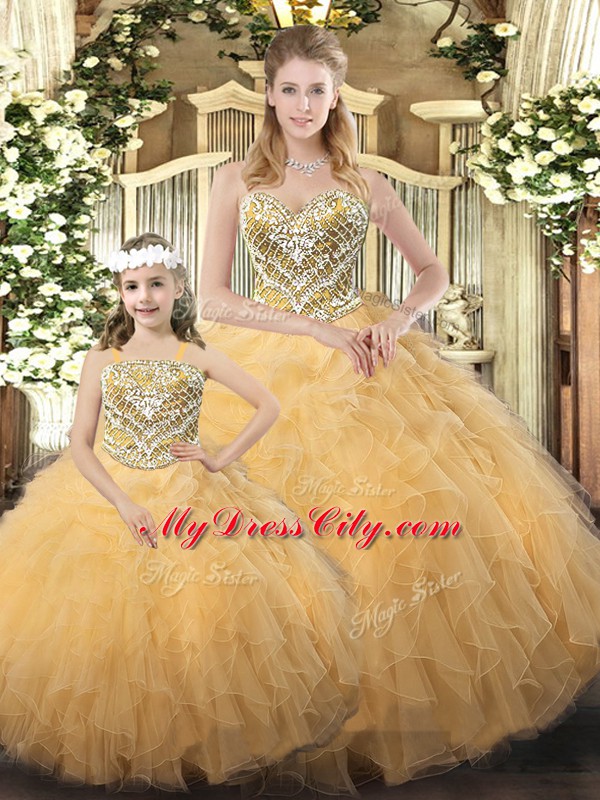 New Style Gold Ball Gowns Beading and Ruffles Vestidos de Quinceanera Lace Up Organza Sleeveless Floor Length