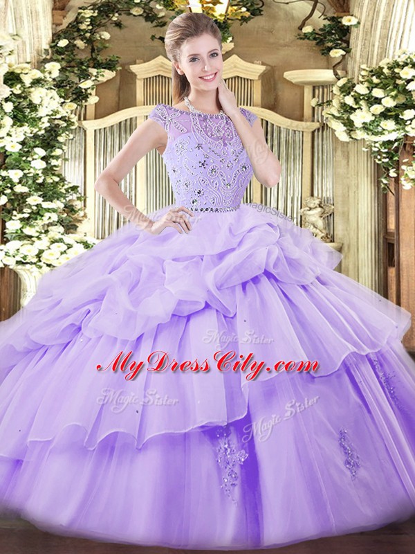 Tulle Sleeveless Floor Length 15 Quinceanera Dress and Beading and Ruffles and Pick Ups