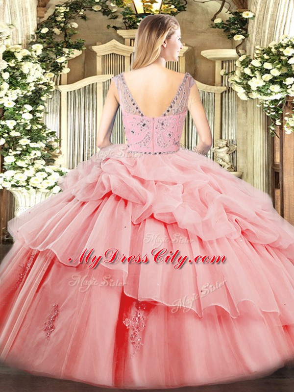 Tulle Sleeveless Floor Length 15 Quinceanera Dress and Beading and Ruffles and Pick Ups