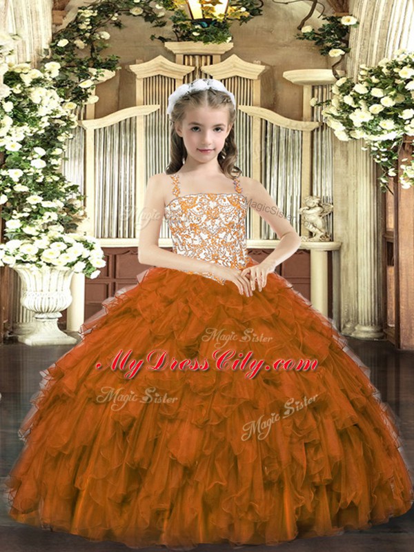 Exquisite Floor Length Lace Up Little Girls Pageant Dress Brown for Party and Sweet 16 and Quinceanera and Wedding Party with Beading and Ruffles