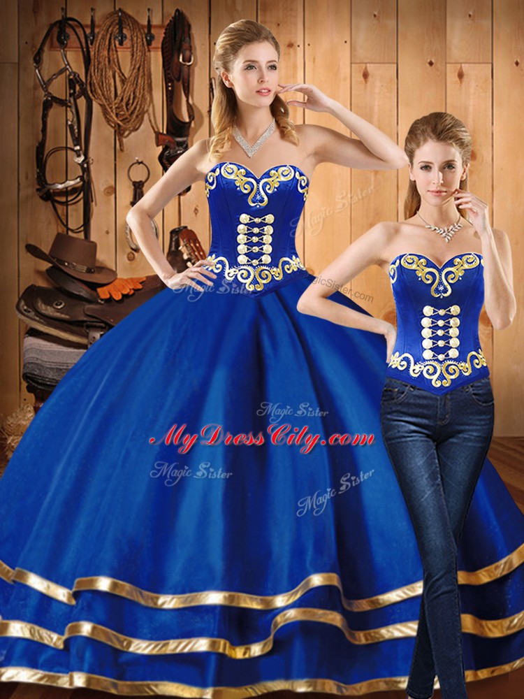 Floor Length Blue Quinceanera Dresses Satin and Tulle Sleeveless Embroidery