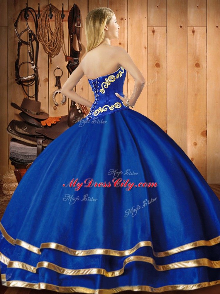 Floor Length Blue Quinceanera Dresses Satin and Tulle Sleeveless Embroidery