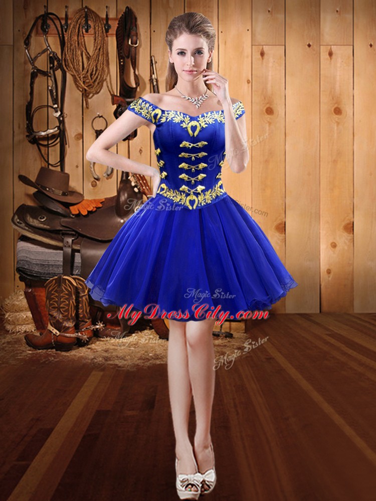 New Style Off The Shoulder Sleeveless Lace Up Dress for Prom Royal Blue Organza